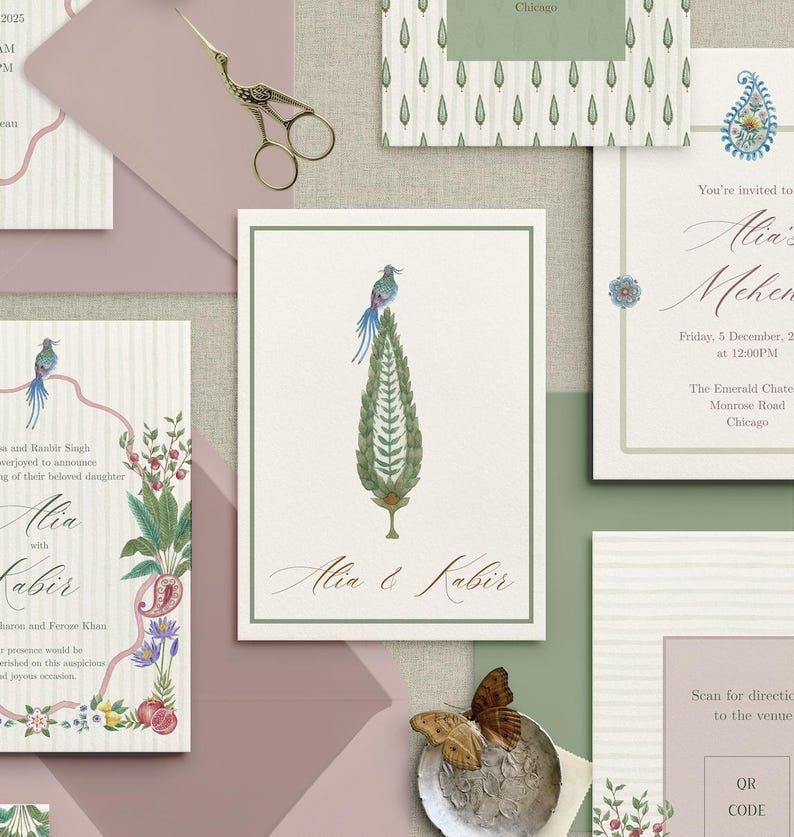 May include: Wedding invitation suite featuring watercolor illustrations. The design includes a central card with a bird perched atop a stylized tree, surrounded by floral and paisley motifs. The color palette is soft, with shades of green, pink, and cream.