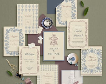 Block-print Indian Wedding Invitation Suite l  Floral Mehendi, Sangeet & Reception l Canva Template