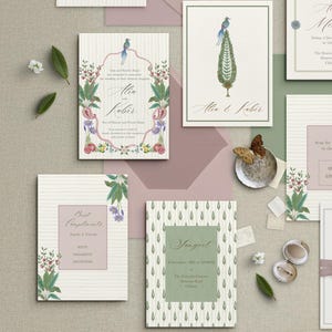 May include: A collection of elegant wedding stationery featuring floral and bird illustrations. The designs include invitation cards, RSVP cards, and event details cards, all in soft pastel colors with decorative borders and text.
