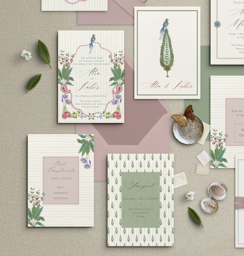 May include: A collection of elegant wedding stationery featuring floral and bird illustrations. The designs include invitation cards, RSVP cards, and event details cards, all in soft pastel colors with decorative borders and text.