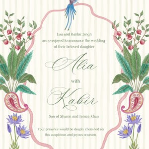 May include: Wedding invitation with a watercolor design. The invitation features a bird perched atop a pink ribbon frame, with floral and paisley accents. Text announces the wedding of Alia and Kabir.