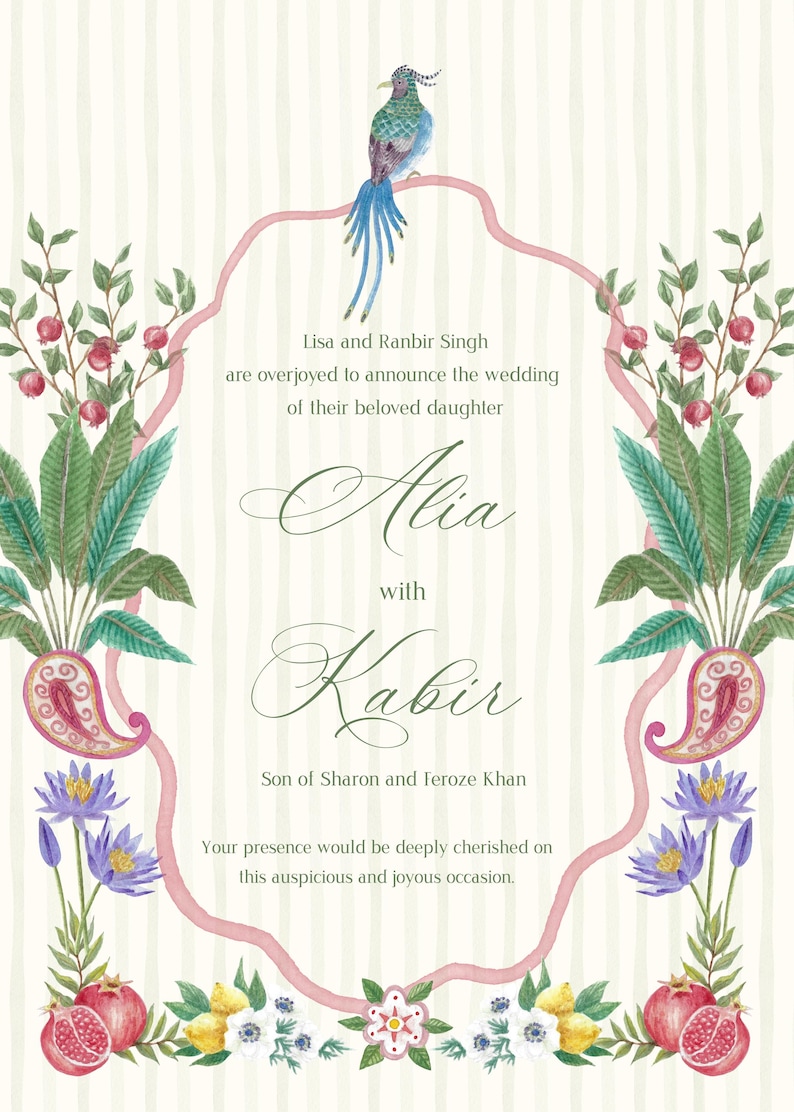 May include: Wedding invitation with a watercolor design. The invitation features a bird perched atop a pink ribbon frame, with floral and paisley accents. Text announces the wedding of Alia and Kabir.