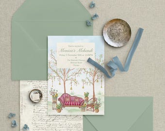 Watercolor Indian Mehendi Invitation Template – Customizable Canva Design