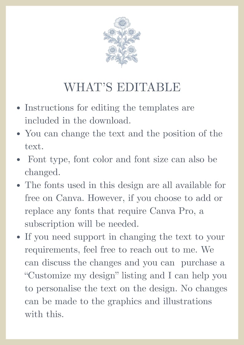 May include: Cream-colored document with a floral design at the top and the words "WHAT'S EDITABLE." Bullet points detail instructions for editing templates, including text, font, and position. The document mentions Canva and support for design customization.