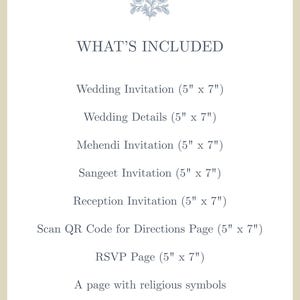 May include: A cream-colored wedding invitation suite with a floral design at the top. The text "WHAT'S INCLUDED" is followed by a list of items, including invitations, a QR code for directions, an RSVP page, and envelope colors. The invitations are 5" x 7".