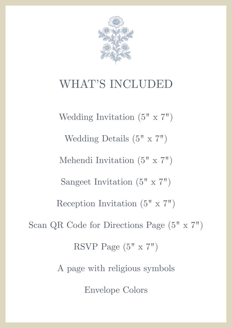 May include: A cream-colored wedding invitation suite with a floral design at the top. The text "WHAT'S INCLUDED" is followed by a list of items, including invitations, a QR code for directions, an RSVP page, and envelope colors. The invitations are 5" x 7".