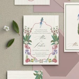 May include: Wedding invitation with floral and paisley design. The invitation features the names "Alia" and "Kabir" in elegant script, surrounded by botanical illustrations and a bird. The text reads "Lisa and Ranbir Singh are overjoyed to announce the wedding of their beloved daughter."