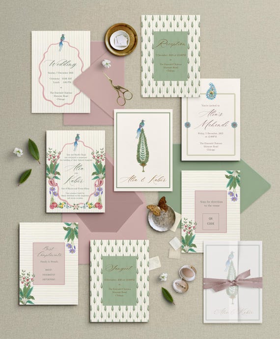 Watercolor Indian Wedding Invitation Suite - Floral Mehendi, Sangeet & Reception - Canva Template