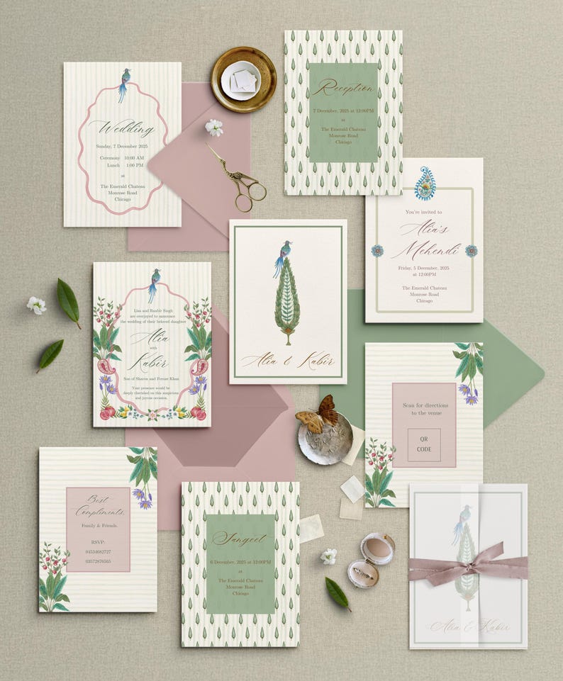 May include: A collection of wedding stationery, including invitations and RSVP cards, featuring floral and bird illustrations. The color palette includes soft pinks, greens, and creams. Some cards have text, and there are decorative elements like scissors and a butterfly.