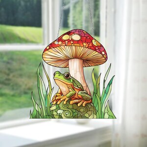 Decorazione da appendere alla finestra con rana e fungo, originale decorazione forestale per gli amanti della natura, regalo in stile cottagecore per lei, decorazione estiva da giardino fatato