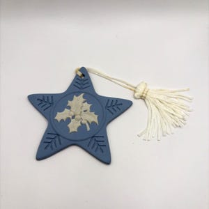 May include: A blue star-shaped Christmas ornament with a white holly design in the center. The ornament has a white tassel attached for hanging. The star has a textured surface and is likely made of ceramic or porcelain.
