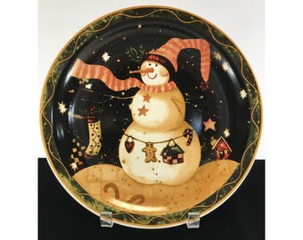 Vintage Snowman Decorative Cake Pie Plate Christmas Holiday Decor Ceramic 10.5''