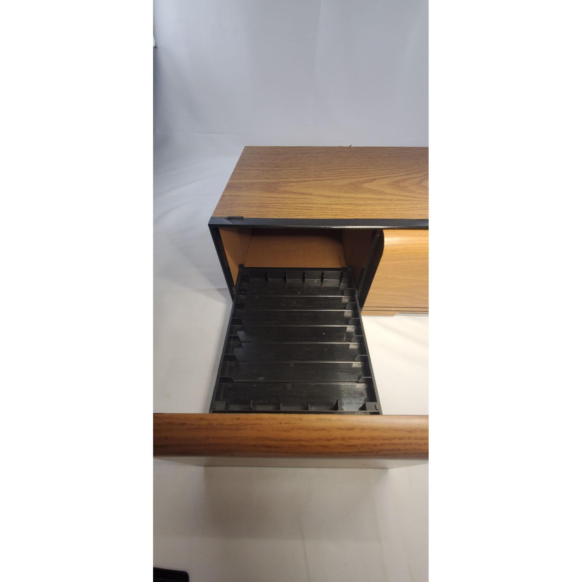 Vtg VHS Video Cassette Tape Drawers Storage Faux Wood Cabinet 14 Holds ...
