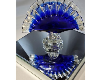 Vintage Kunst Glas geblasen klar Serviette Papierhalter fächerförmig handgefertigt blau