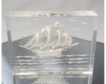 Vintage Reverse Carved Lucite Sailing Ship Boat Etching Paperweight Acrylic