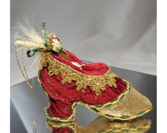 Vintage Bootie Shoe Heels Hanging Christmas Ornament Red with Gold Trim
