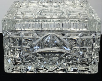 Vintage Pressed Cut Glass Square Vanity Trinket Jewelry Box with Lid