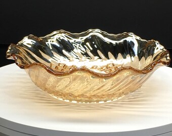 Vintage Indiana Carnival Amber Glass Bowl Round Scalloped Edged 7.5"