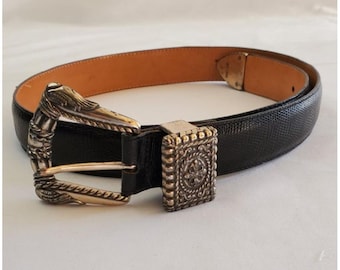 Vintage Brighton Museum Collection Croc Leather Belt Women's Sz L Black 1995