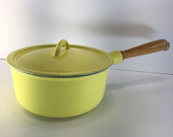 Vintage Descoware Cast Iron Enamel Sauce Pan w/ Lid Yellow Belgium 1960's