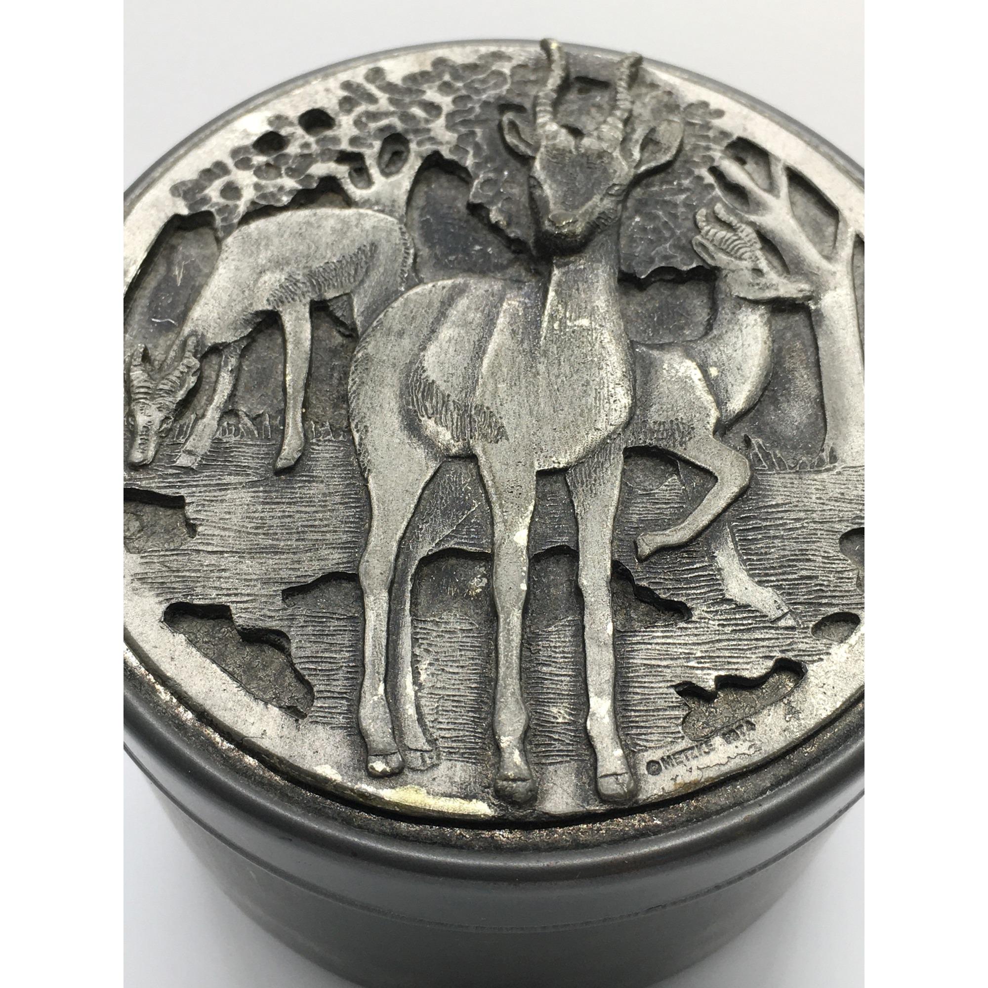 Vintage Metzke Trinket Box Pewter Tin Container Round Antelope