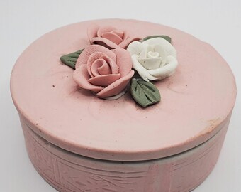 Vintage Porcelain Trinket Box 3D Bisque Flower Roses Design Pink Round RARE