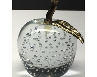 Vintage Apple Paperweight Art Glass Controlled Bubbles Brass Stem & Leaf