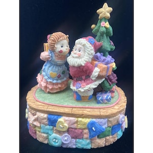 Santa Christmas Morning Music Box Figurine Stitch N Button Plays Jingle Bells