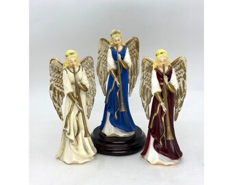 Figuras de ángeles vintage de Enesco tocando instrumentos musicales de trompeta, juego de 3