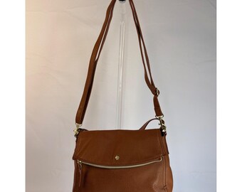 Cognacbraune Leder-Umhängetasche mit Überschlag und Reißverschluss, Schultertasche im Boho-Stil