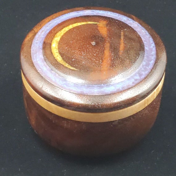 Vintage Wooden Trinket Jewelry Box Round with Inl… - image 3