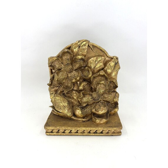 Vintage San Pacific International Bookend Magnolia Design Gold Gilt Heavy Resin