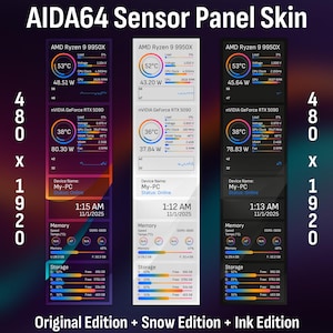 Puede incluir: Skin del panel de sensores AIDA64, que muestra datos de rendimiento de PC en tiempo real. Muestra temperaturas de CPU y GPU, velocidades de reloj y uso de memoria. La imagen es de 480 x 1920 píxeles e incluye el texto "Original Edition + Snow Edition + Ink Edition."