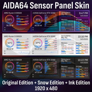 May include: AIDA64 Sensor Panel Skin graphic showing PC performance metrics. Displays CPU and GPU temperatures, clock speeds, and storage details. Includes "Original Edition + Snow Edition + Ink Edition" text.