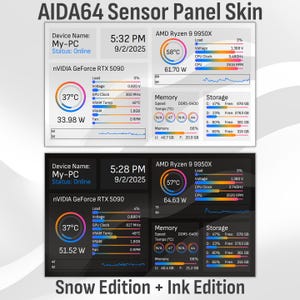 May include: AIDA64 Sensor Panel Skin showing computer hardware data. Two layouts are displayed, providing real-time information on CPU, GPU, memory, and storage. The text "Snow Edition + Ink Edition" is at the bottom of the image.