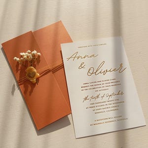 Faire-part de mariage A5 cuivré et doré, fait main, avec sceau de cire et gypsophile, papeterie événementielle élégante et personnalisée
