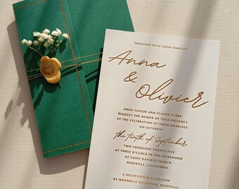Emerald Green and Gold Wedding Invitation A5, Handmade Foil Invite with Wax Seal and Baby’s Breath, Custom Elegant Stationery