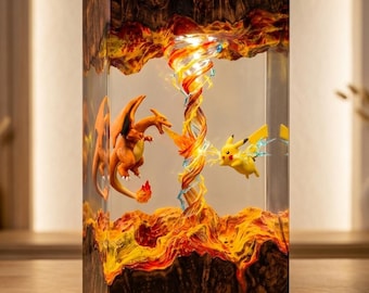 Charizard Pikachu Inspired Resin Lamp, Handmade Charizard Pikachu LED Night Light, Charizard Pikachu Resin Collectible Desk Lamp Decor Gift