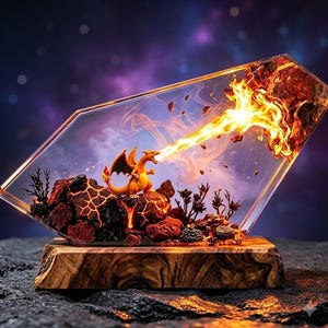 May include: A clear, diamond-shaped resin display piece featuring an orange dragon-like creature standing on dark, textured volcanic rocks. The creature breathes a stream of bright yellow and orange fire, set against a wooden base.