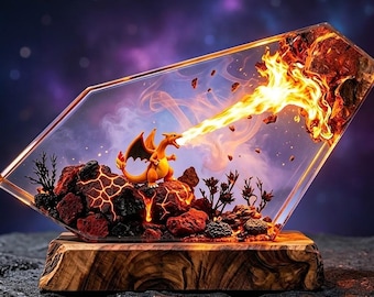Charizard harslamp, handgemaakt Charizard LED-nachtlampje, vuurdraak Charizard epoxyharslamp, anime bureaudecoratie, cadeau voor Charizard-fans