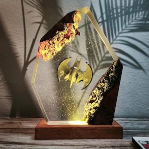 Batwing Resin Lamp Handmade LED Night Light with Wooden Base, Superhero Fan Gift, Geek Room Decor, Unique Desk Accent, Halloween Resin Lamp