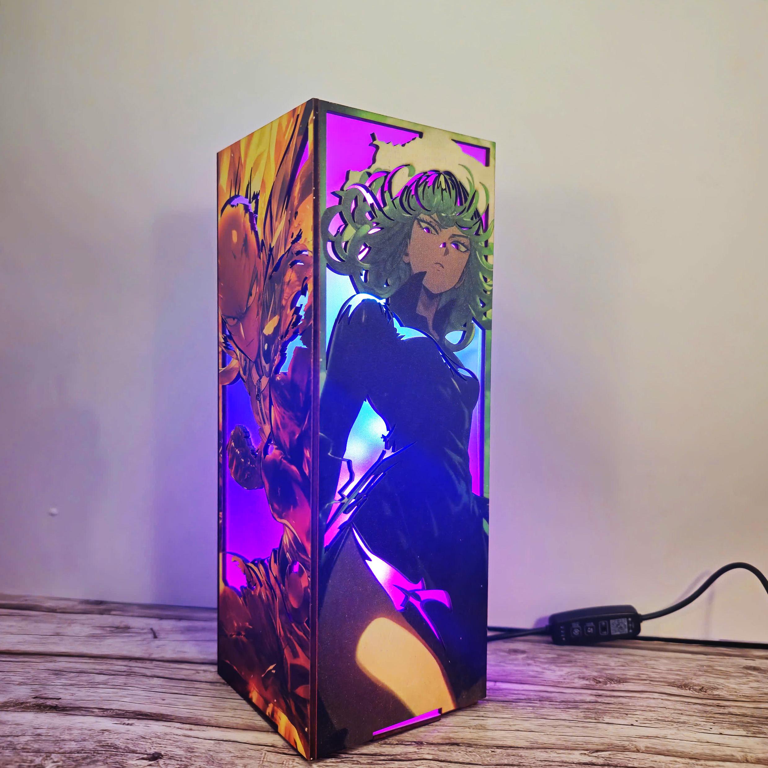 Anime LED Wooden Night Light Box – 4-Sided Glow Lamp Featuring One Punch Man & Tatsumaki | Anime Room Decor | Otaku Gift | RGB Light Box