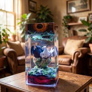 Puede incluir: Un bloque de resina rectangular que contiene un diorama en miniatura con un dragón negro y un dragón blanco sobre una base texturizada y cubierta de musgo. La escena incluye iluminación interna, filamentos blancos y una parte superior de madera.