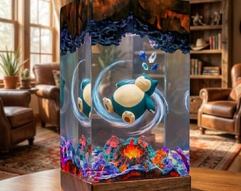 Lámpara de resina de Snorlax, luz nocturna de Snorlax, decoración de resina epoxi de Snorlax hecha a mano, lámpara LED de anime de Snorlax, decoración de regalo para el escritorio de un gamer con temática de Snorlax