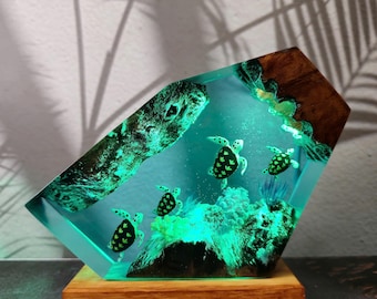 Resin Sea Turtle Lamp - Ocean Night Light, Epoxy Wood Art, Marine Life Decor, Unique Underwater Home Lighting, Turtle Lover Gift