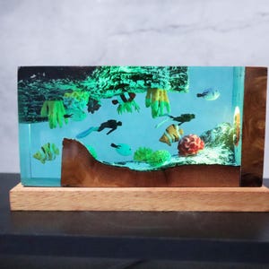 May include: A rectangular resin art piece depicting an underwater scene. The scene includes colorful fish, coral, and scuba divers, all encased in clear blue resin. The base is made of wood, and the overall effect is a miniature aquarium.