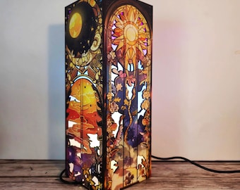 Celestial Wooden Box Lamp – Fantasy LED Light with Moon & Sun, Night Sky Art Decor - Handmade Astrology Lighting Acotar Gift Idea