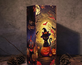 Halloween Wooden Light Box Black Cat Pumpkin Lantern Spooky Witch Cat Night Light Fall Haunted House Decor Halloween Party Decor Lamp Gifts