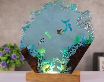 Mermaid Ocean Resin Lamp Handmade Underwater LED Sculpture Fantasy Sea Scene Light Unique Gift for Ocean Lovers Home Decor Christmas Gifts