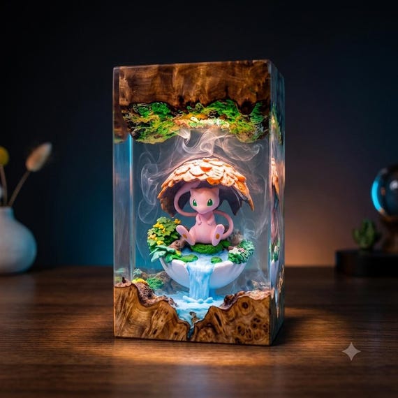 Mew Resin Lamp, Epoxy Wood Night Light, Mew Cute Anime Desk Decor, Fantasy Mew Mushroom Lamp, Gamer Gift, Mew Collector 